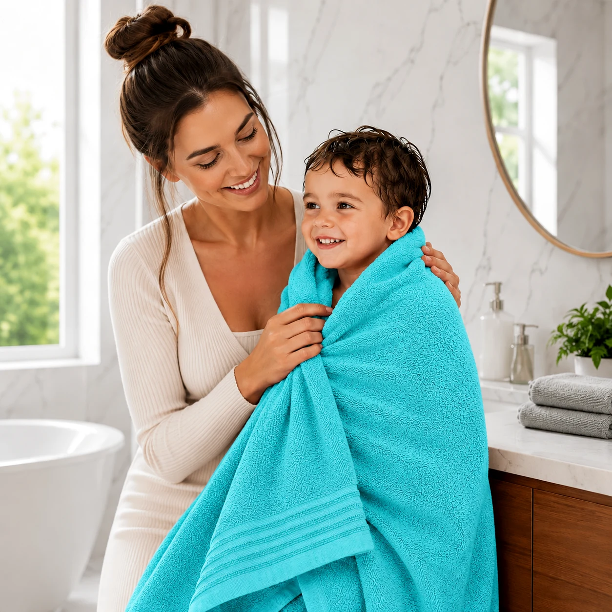 Turquoise bath towel with a striped woven detail