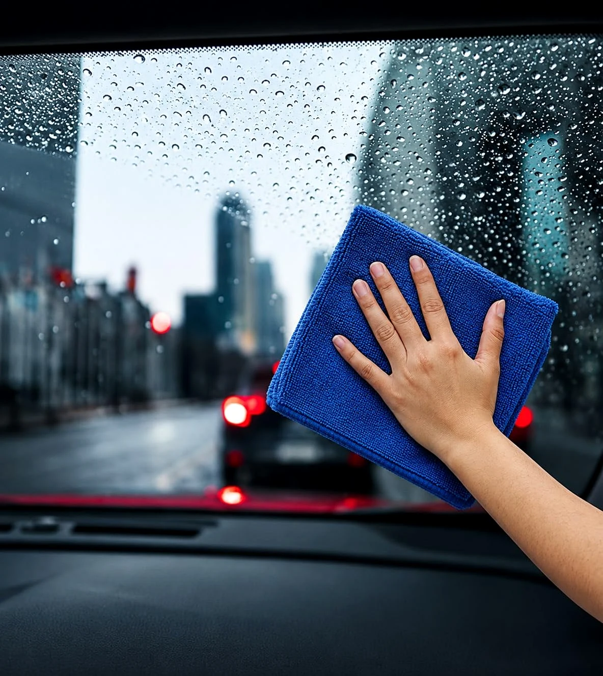 A microfiber cloth being used for car care