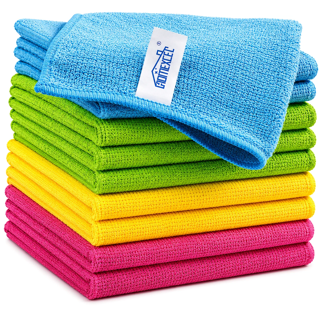 A bright stack of folded microfiber cleaning cloths