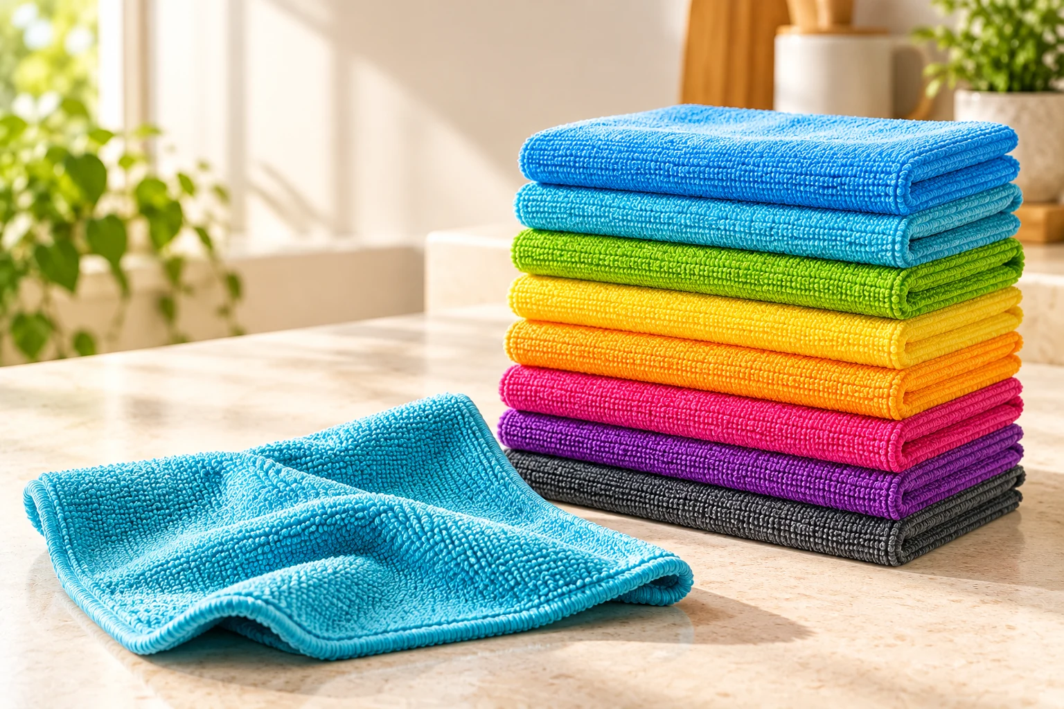 A colorful stack of soft HOMEXCEL microfiber cloths in a sunlit home